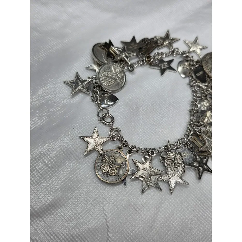 Vintage Beta Sigma Phi Sorority Charm Bracelet Silver Tone Enamel Stars Rose